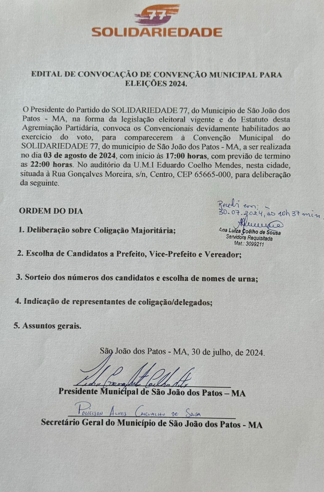 Solidariedade anuncia convenção partidária para o dia 03 de agosto